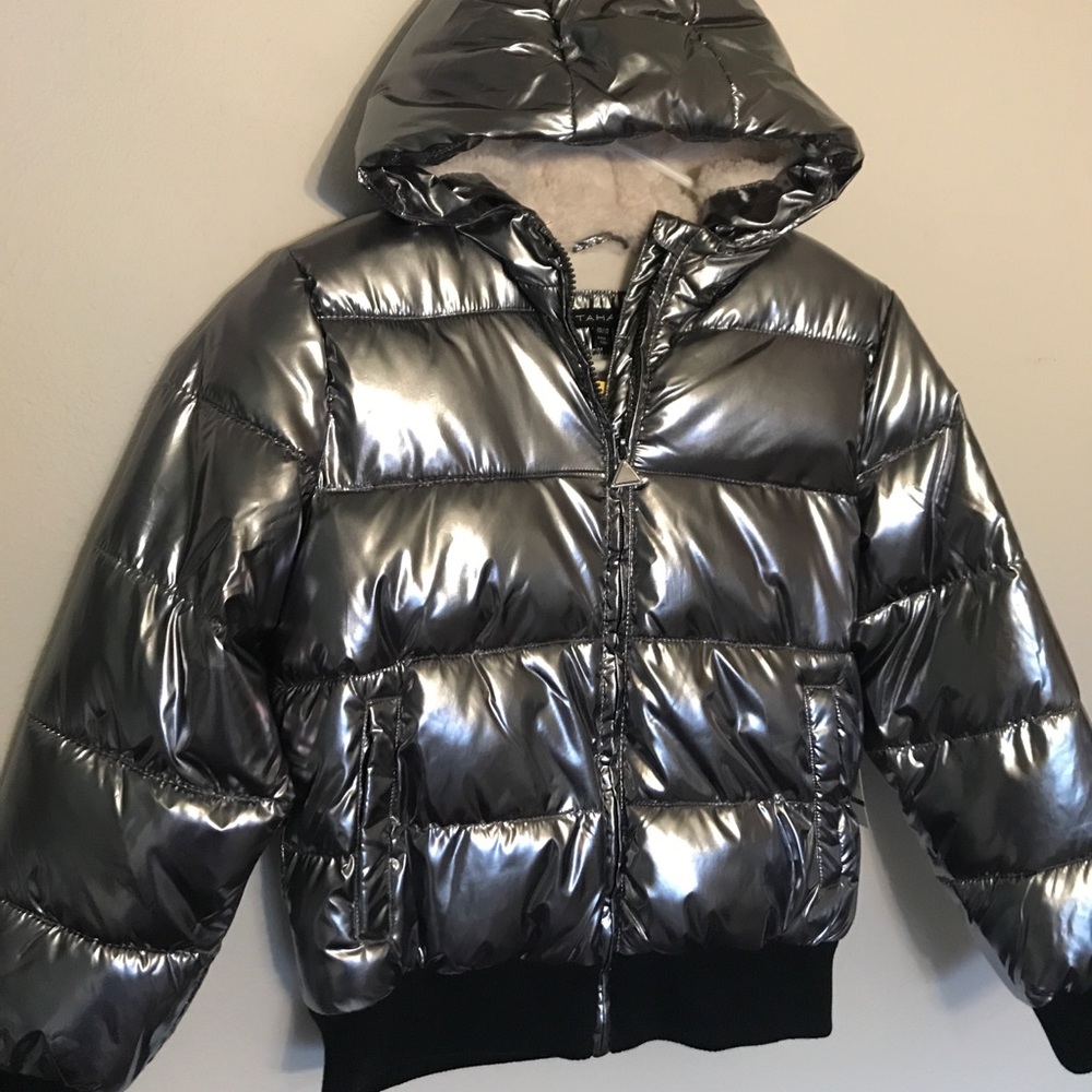 Silver Tahari Girls Metallic Hooded Bomber Jacket